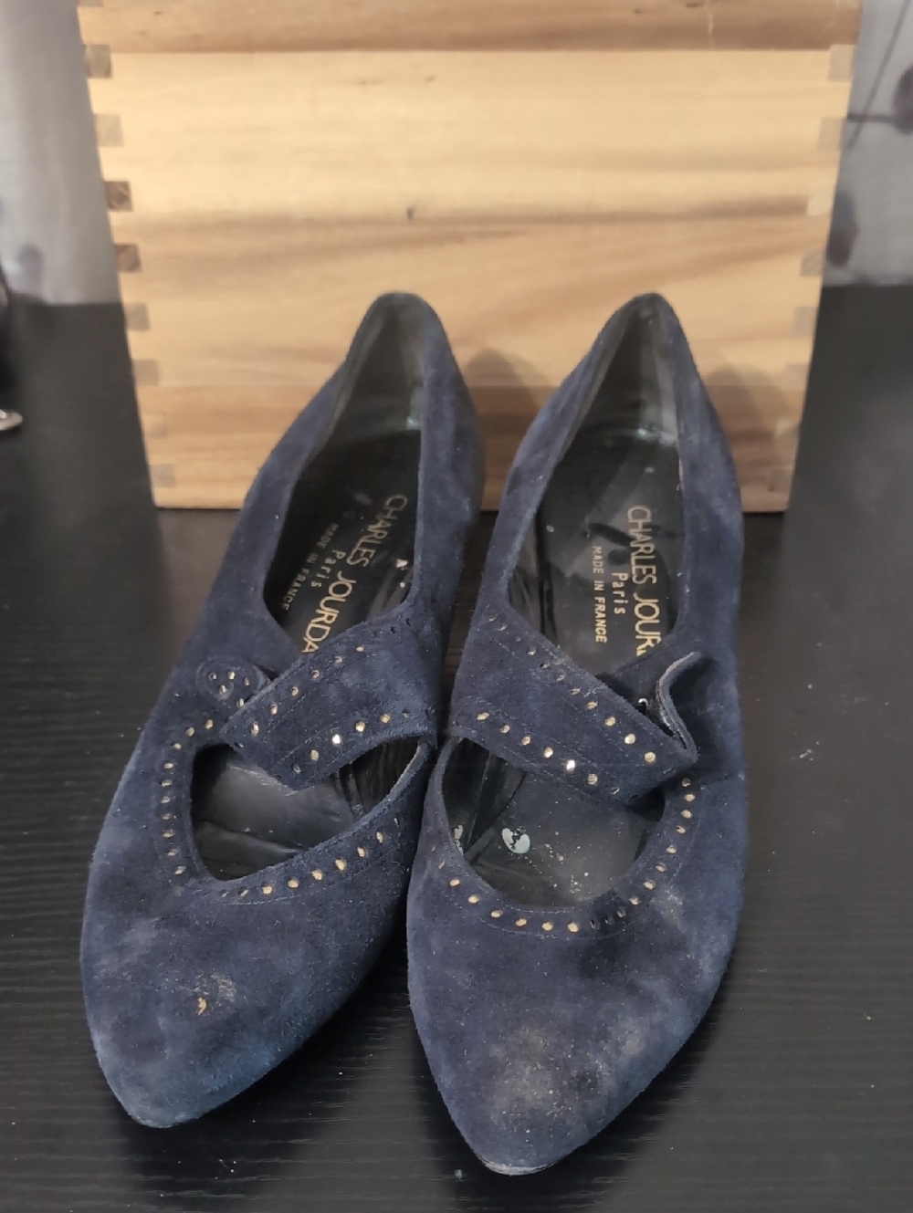 Charles Jourdan Navy Suede Pointed Mary Jane Flats with Stud Detailing Clean Me